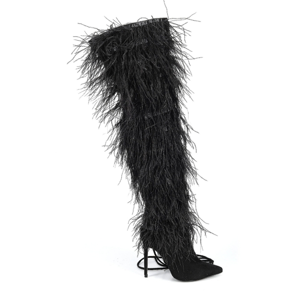 Bella Niecelle Black Ostrich Feather Tall Boots Size 36 EU 6 US - Picture 2 of 5